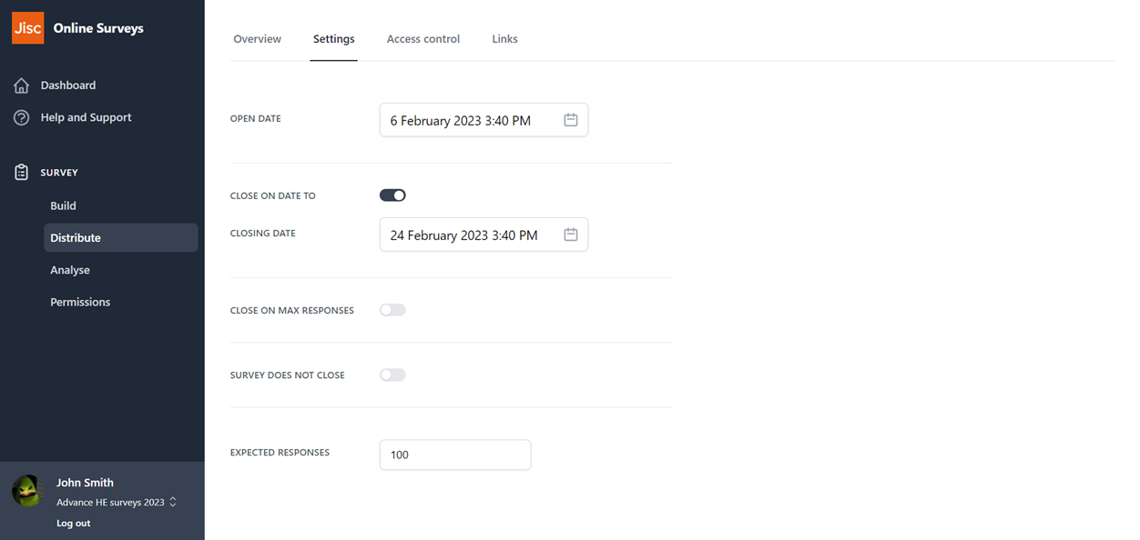 Distribution settings page