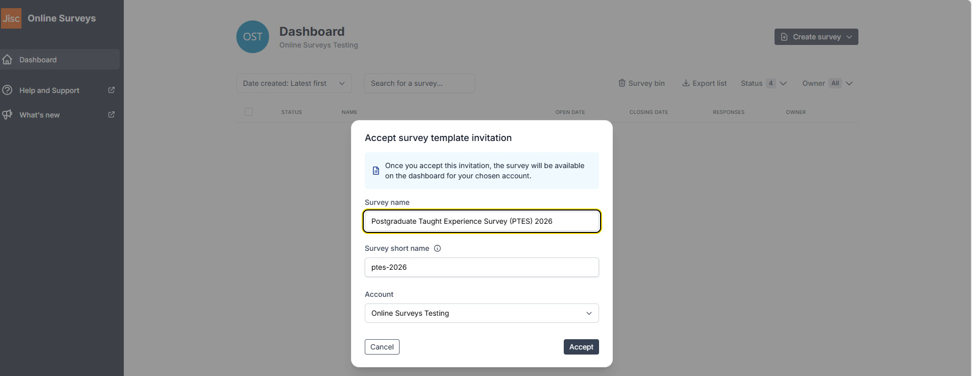 Accept template invitation modal where you can edit the template title and save into your online surveys account
