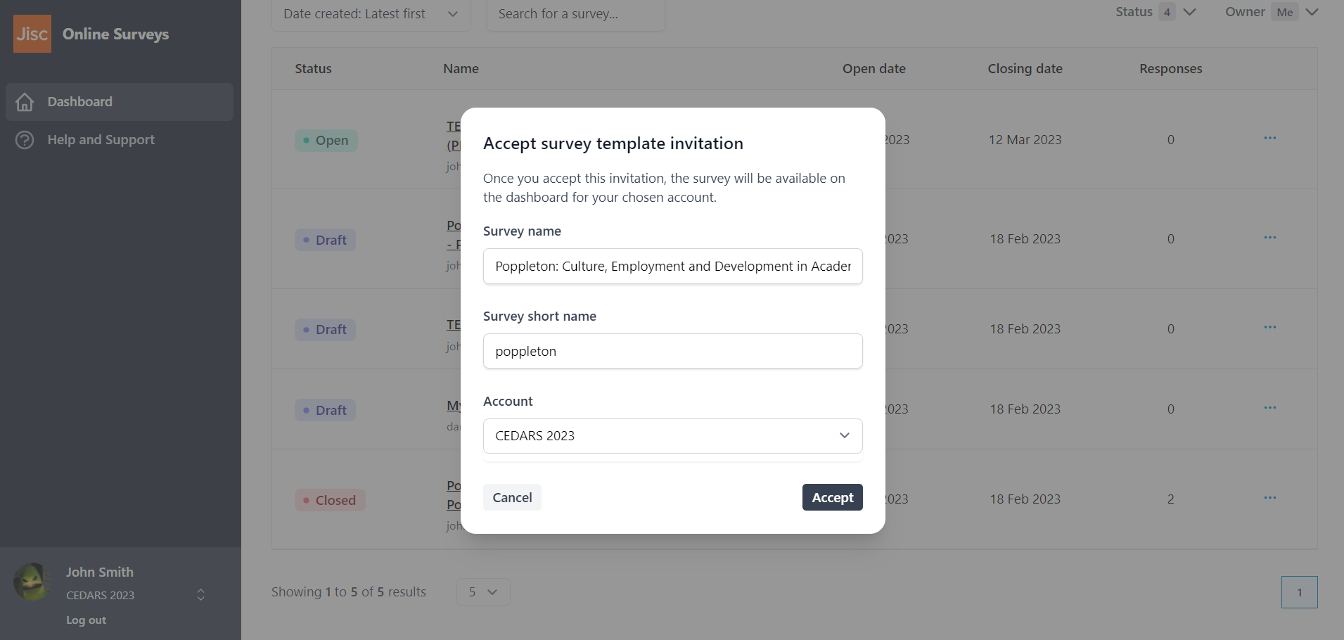 Accepting a survey template