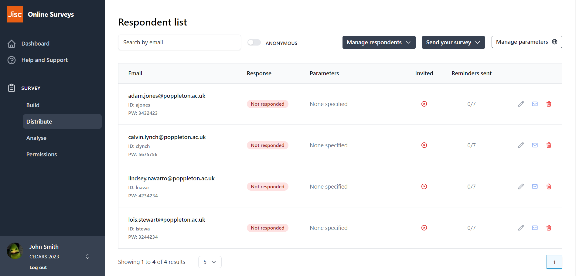 Respondent list table in Online Surveys