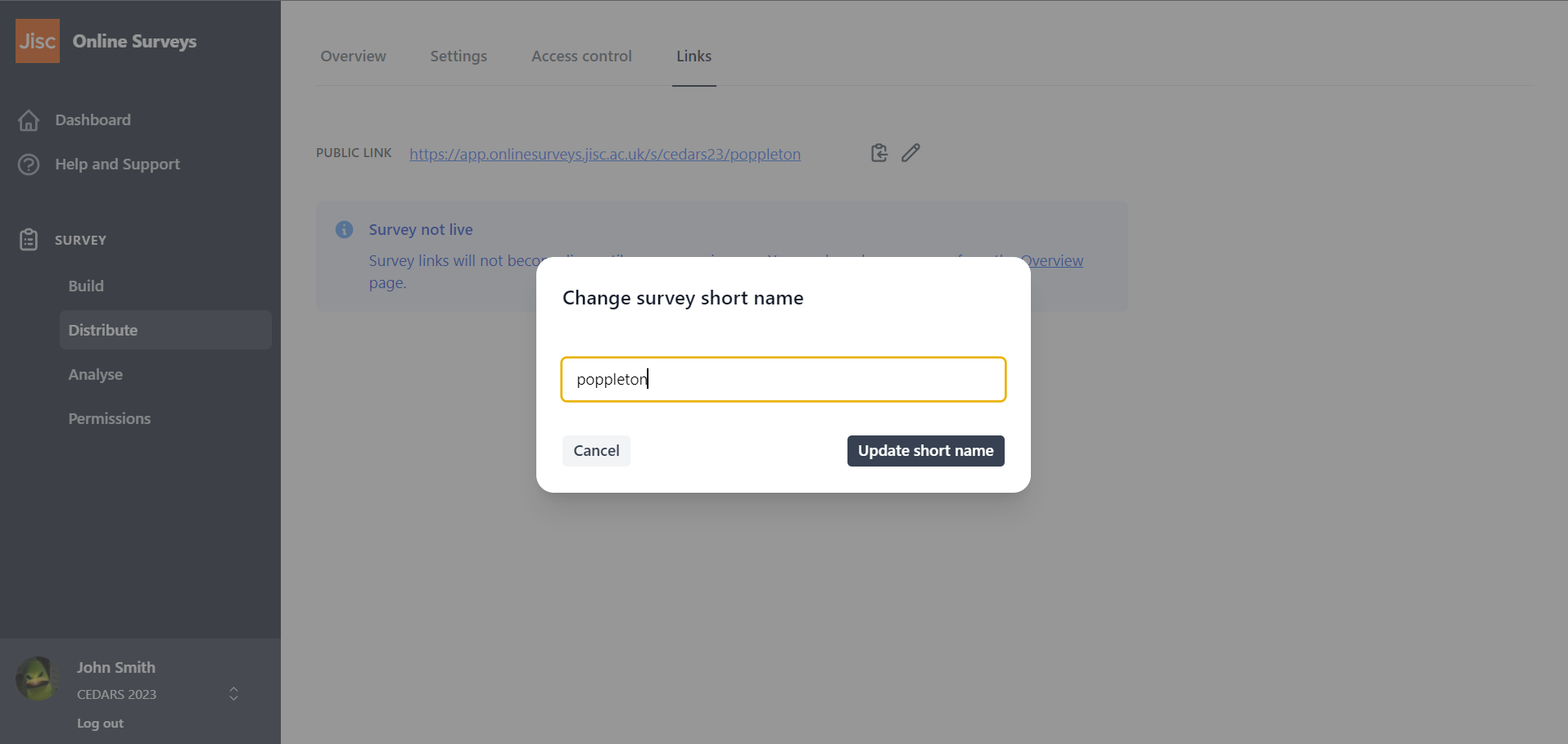 Modal to set a survey's shortname