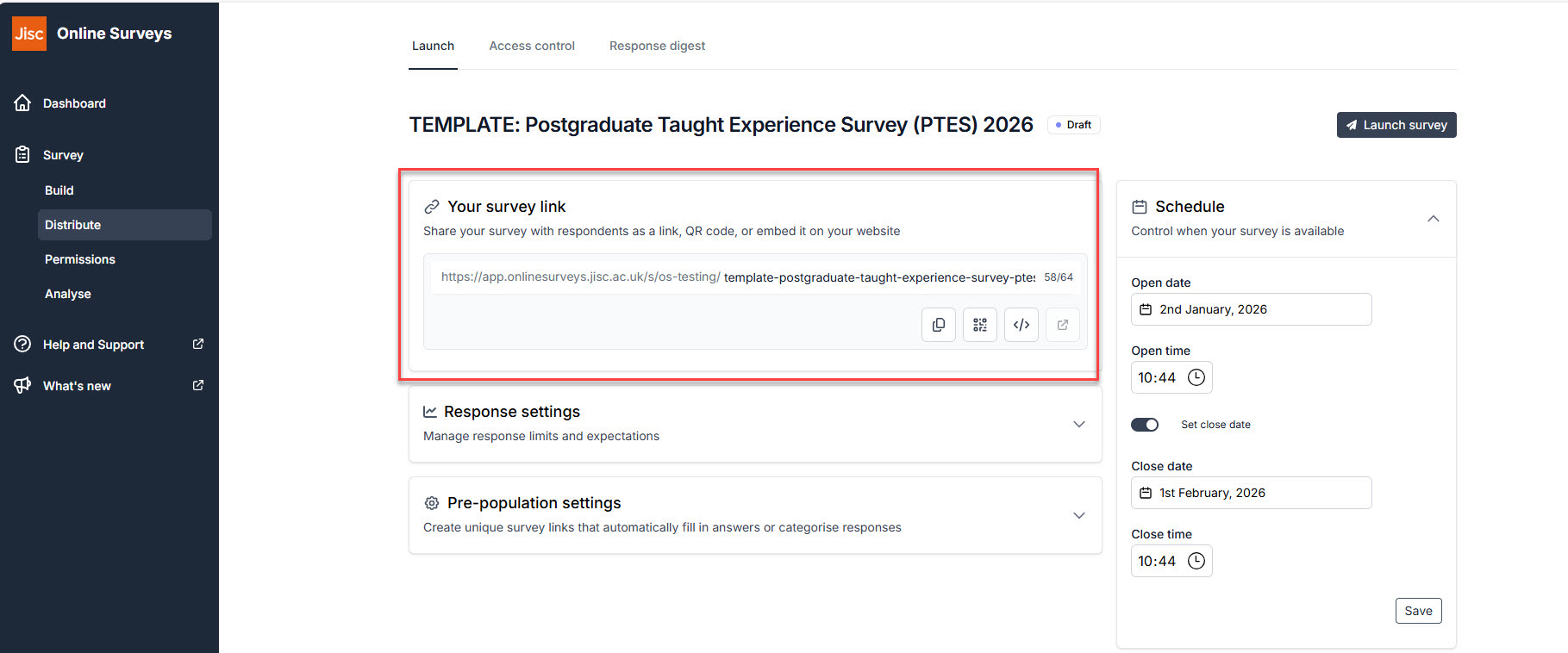 Red box highlighting the survey link editing field.