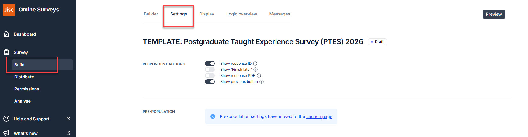 Red callout boxes highlighting where to find the settings tab at the top of the build dashboard.