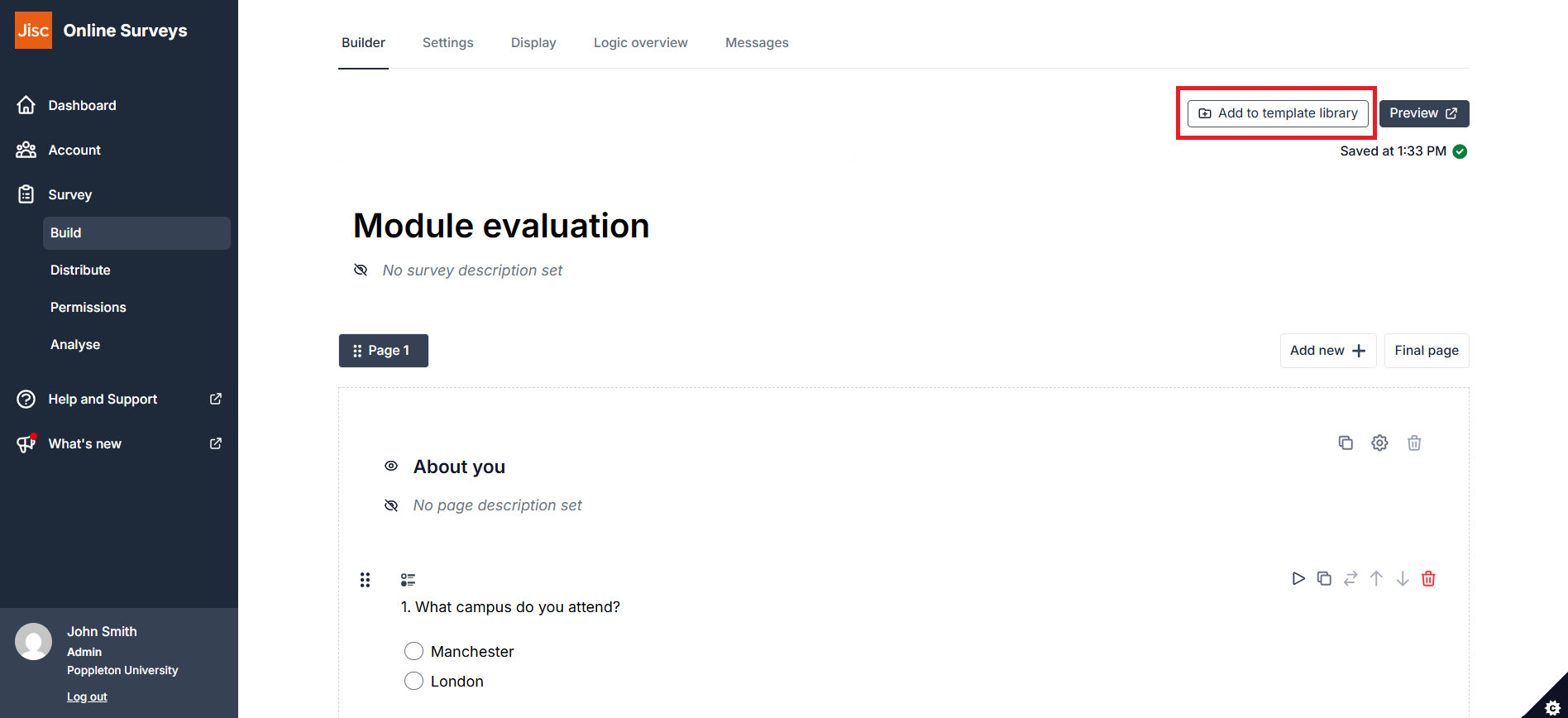 Add a survey to the template library from the Builder.