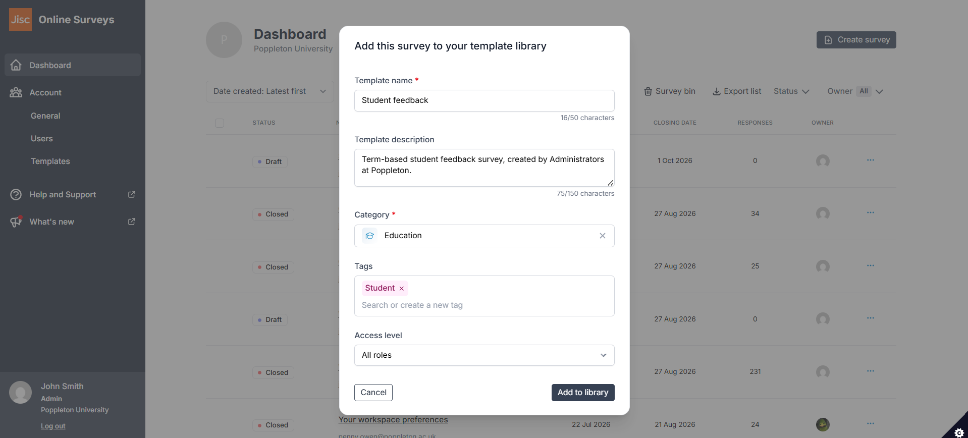 The Add this survey to your template library dialog