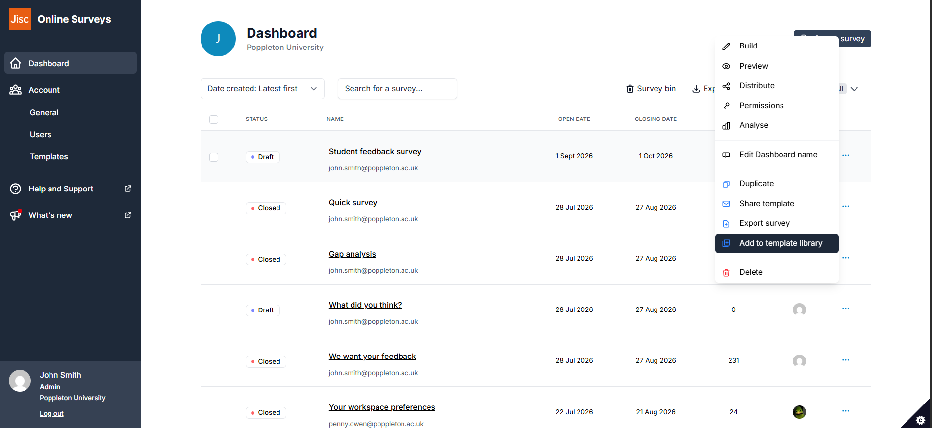 Adding a survey to the template library from the Dashboard.