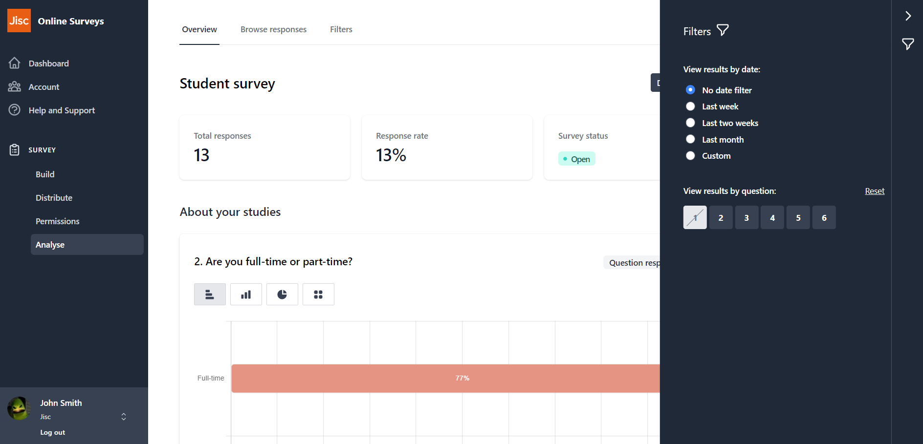 Analyse overview page with expanded Filters tray with question one filtered out.