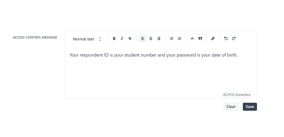 Access control message setting on the Distribute settings page.