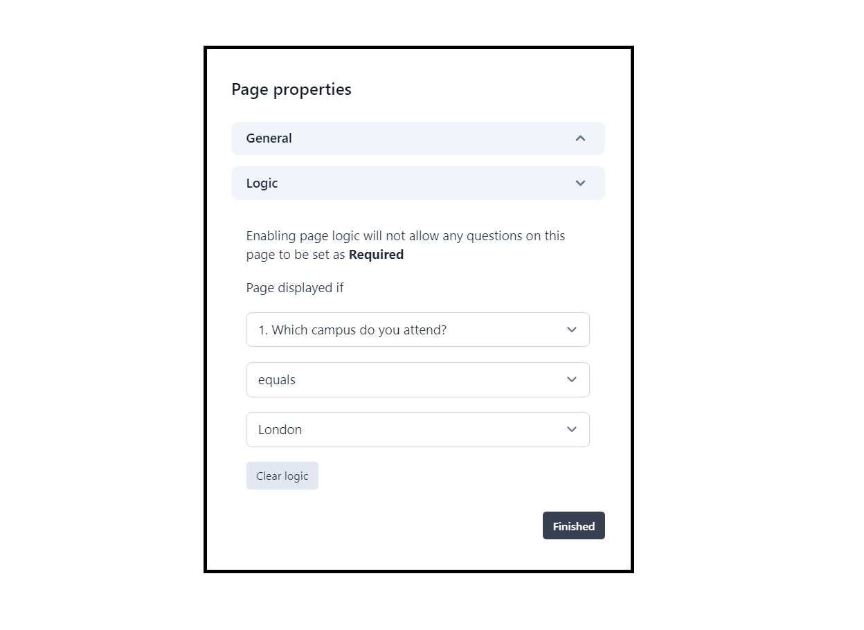 Page properties modal with expanded Logic section.