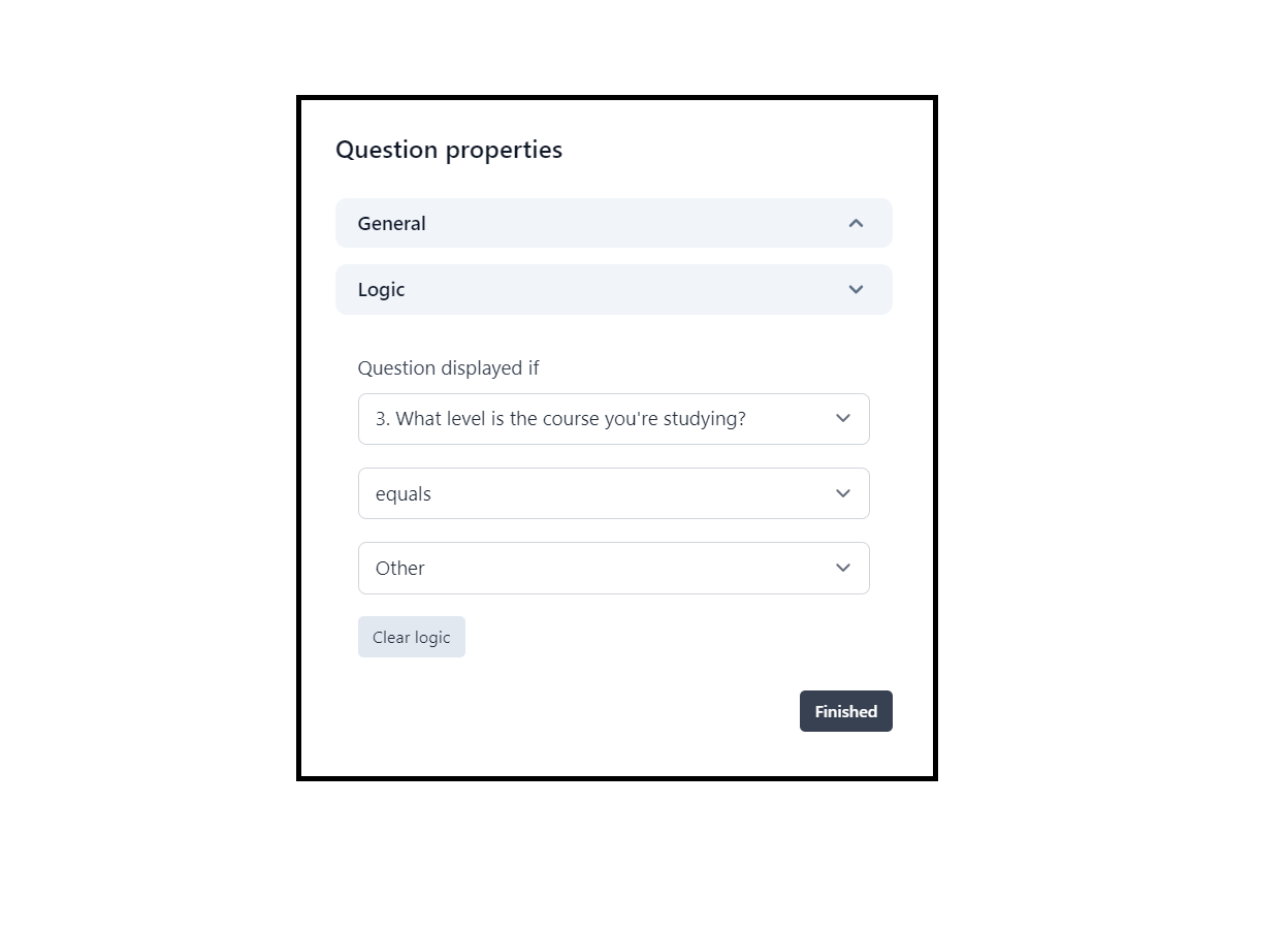 Question properties modal with expanded Logic section.