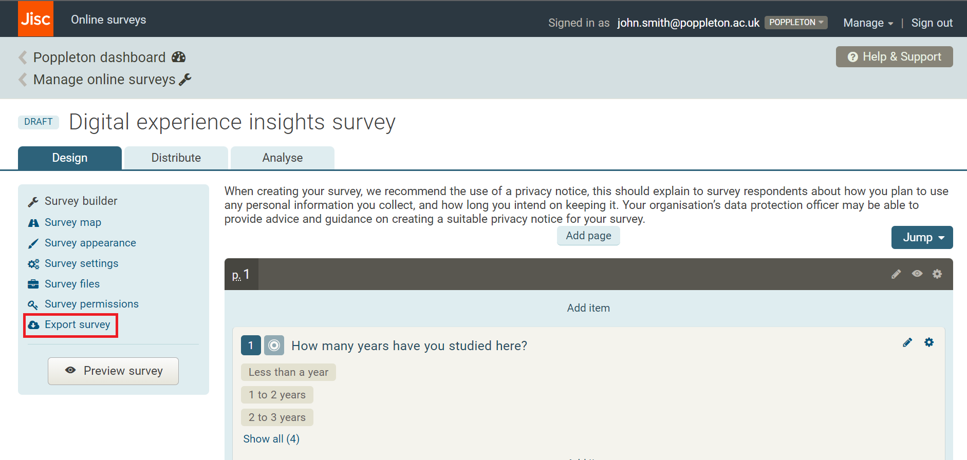 The Export survey button highlighted in the version 2 Design page.