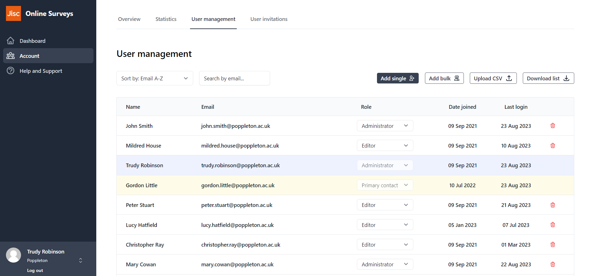 An example user management page.