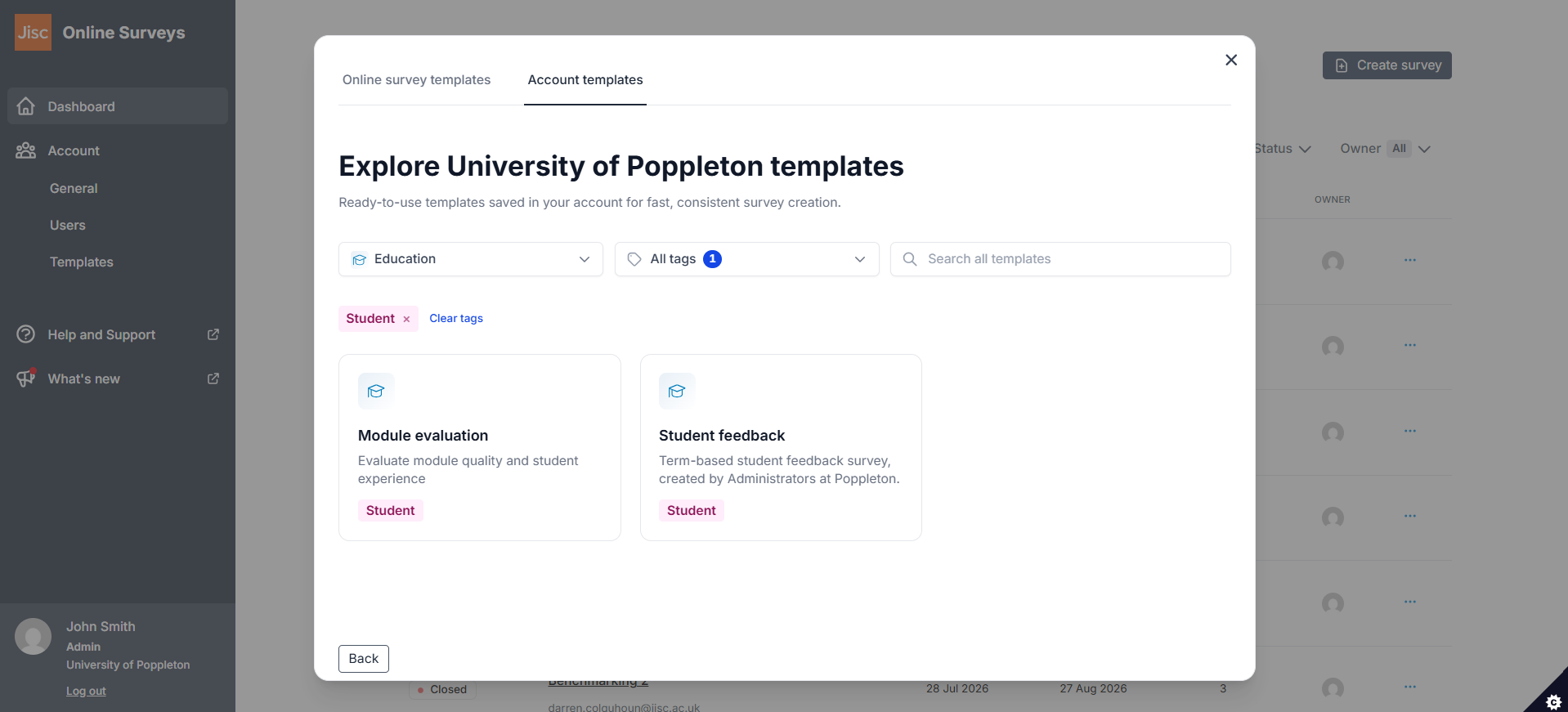 Templates explorer with account templates shown.