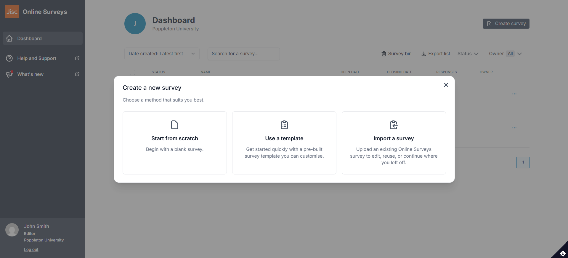 The Create survey modal.