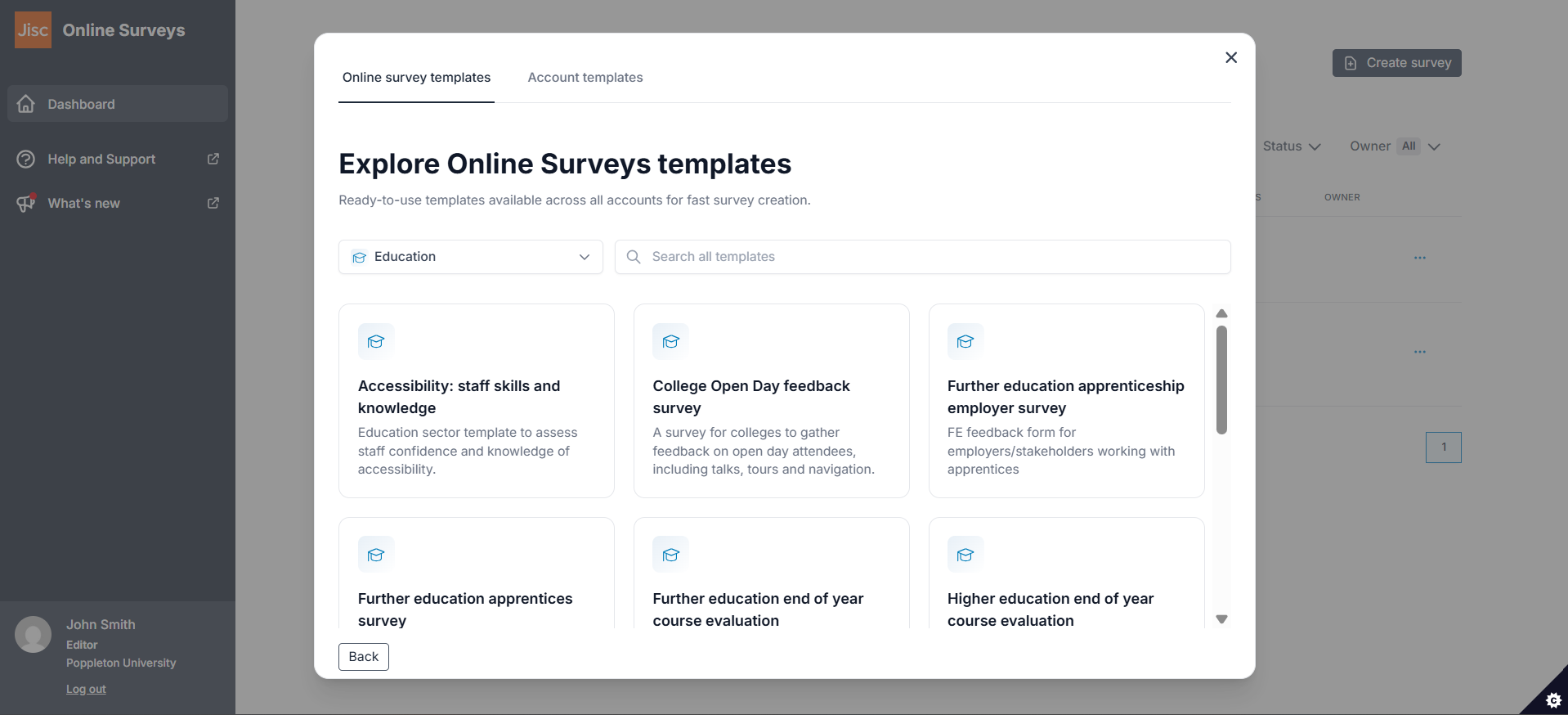 Template explorer with Online Surveys templates shown.