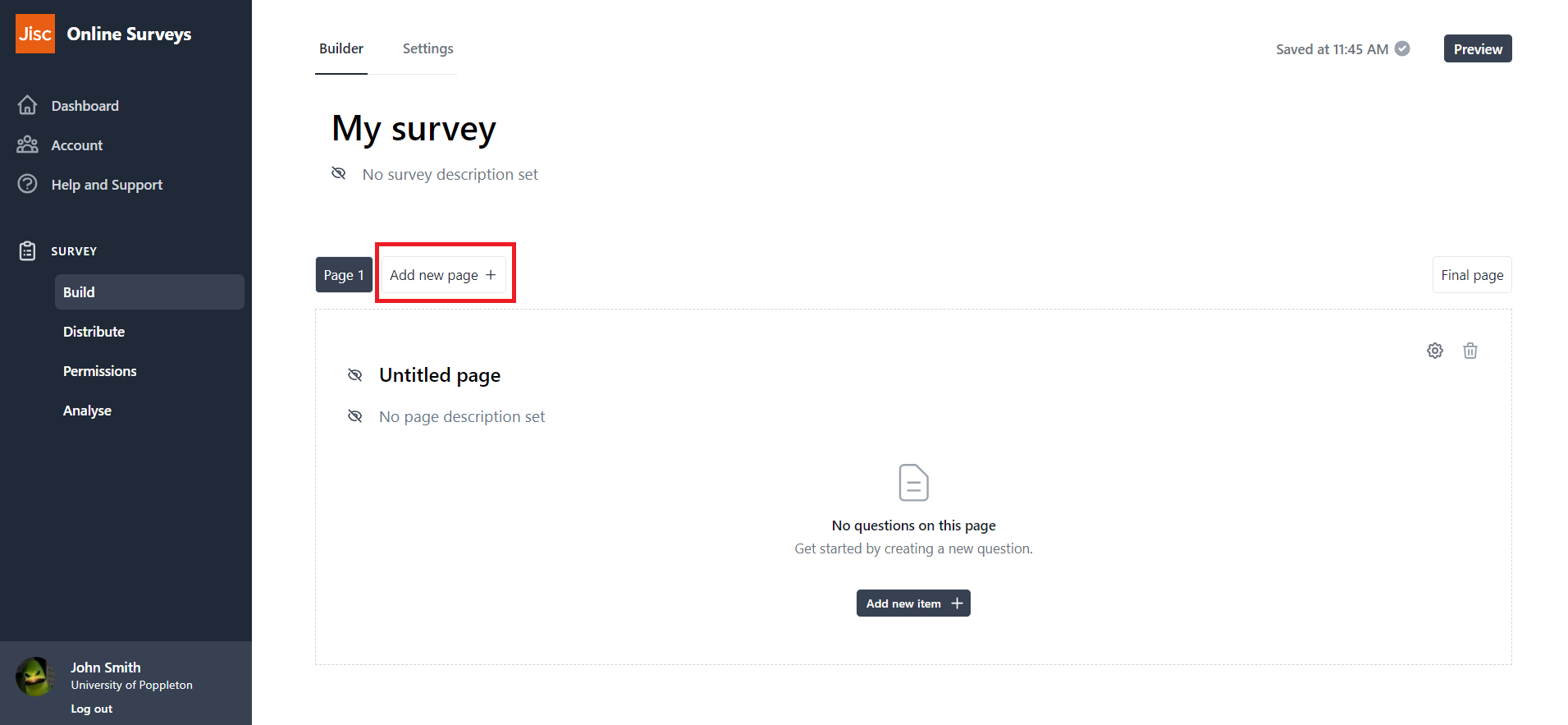 An example of a survey page with the Add new page button highlighted.