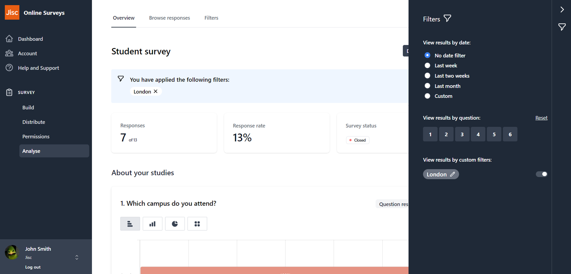 An example of a survey overview page with a custom filter applied.