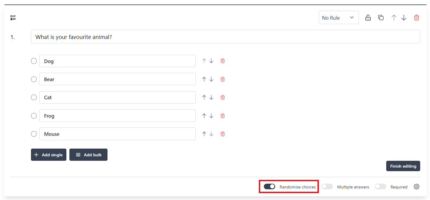 An example of a choice question editor with the Randomise choices toggle highlighted.