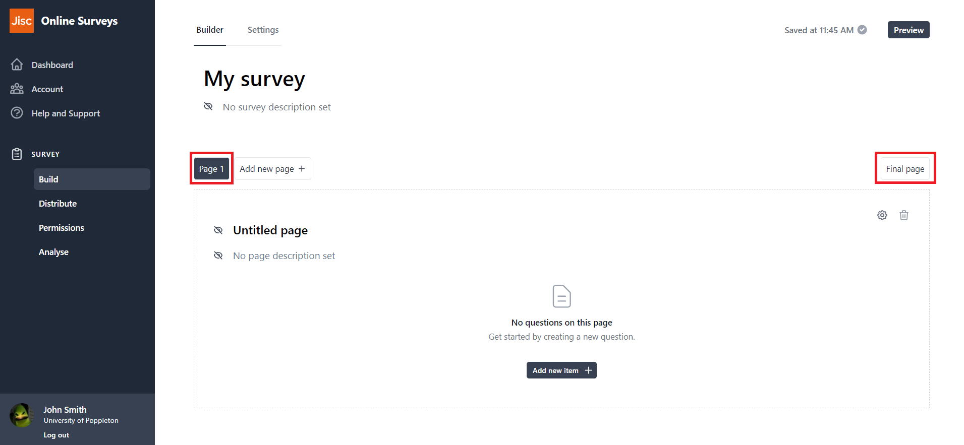 An example of a survey with the default pages highlighted.