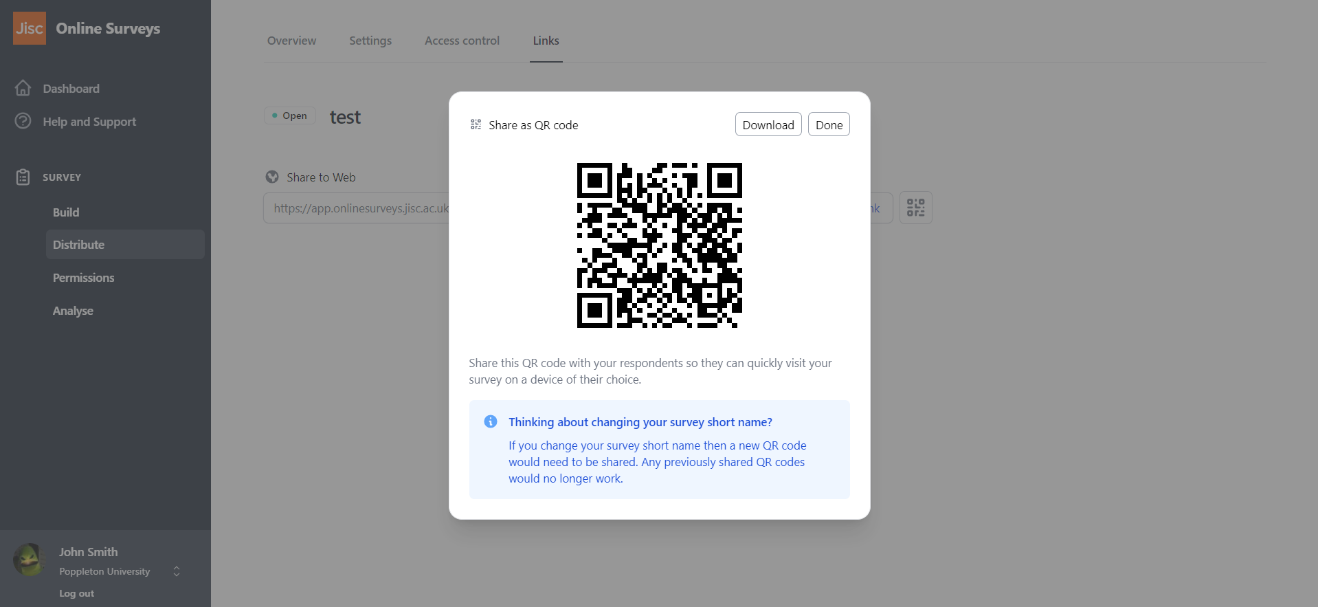 A QR code generated for a survey URL