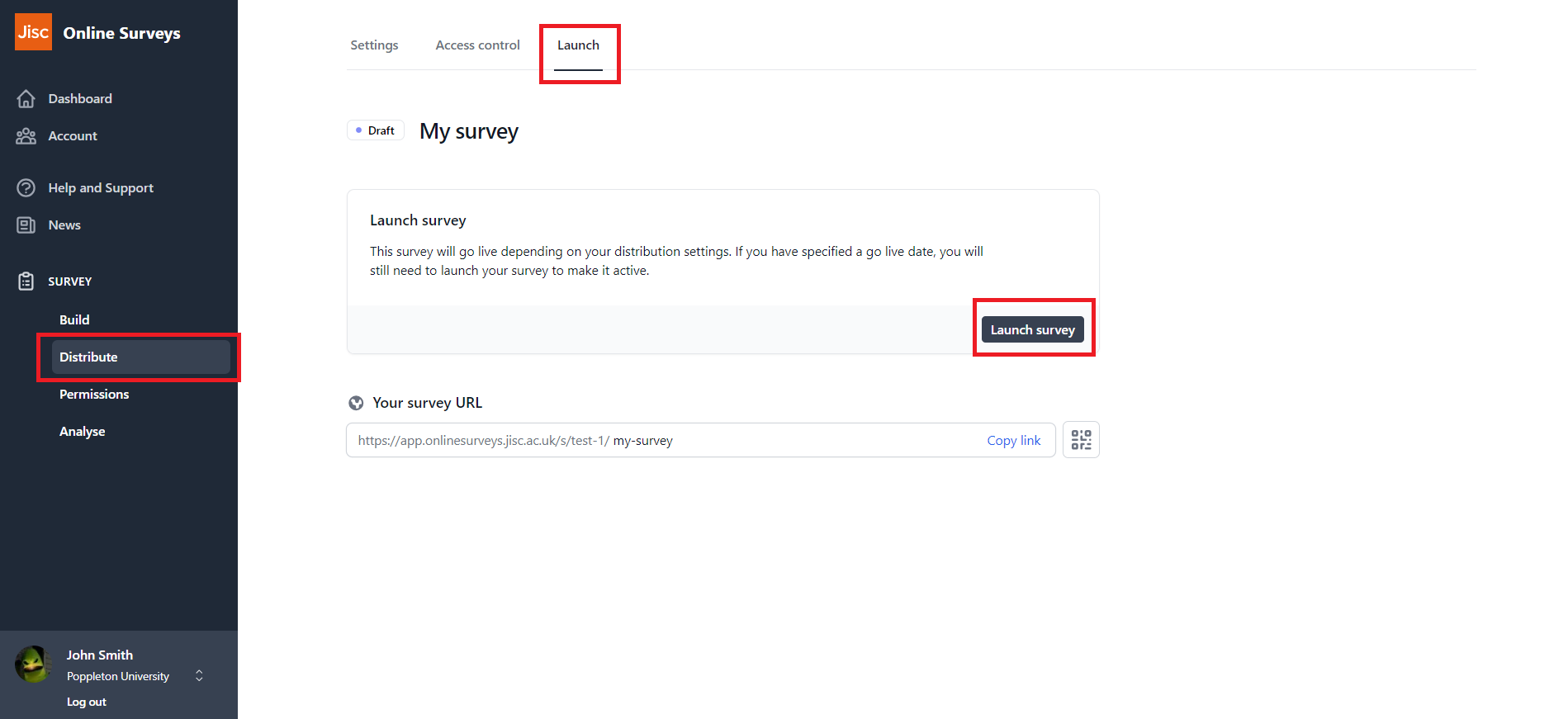 Launch page with Launch survey button highlighted