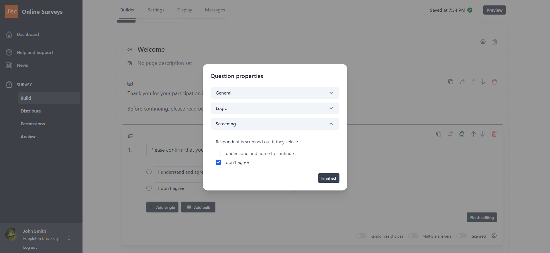 An example of screening settings being applied in Question properties.