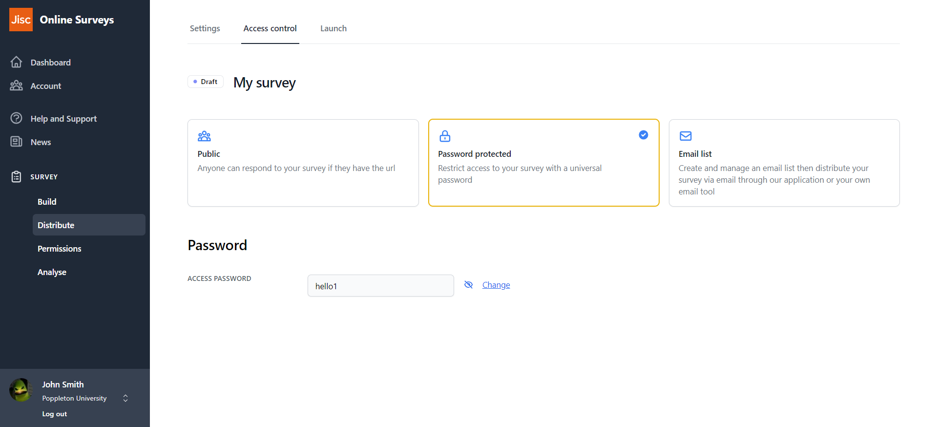 Access Control page with Password Protected selected