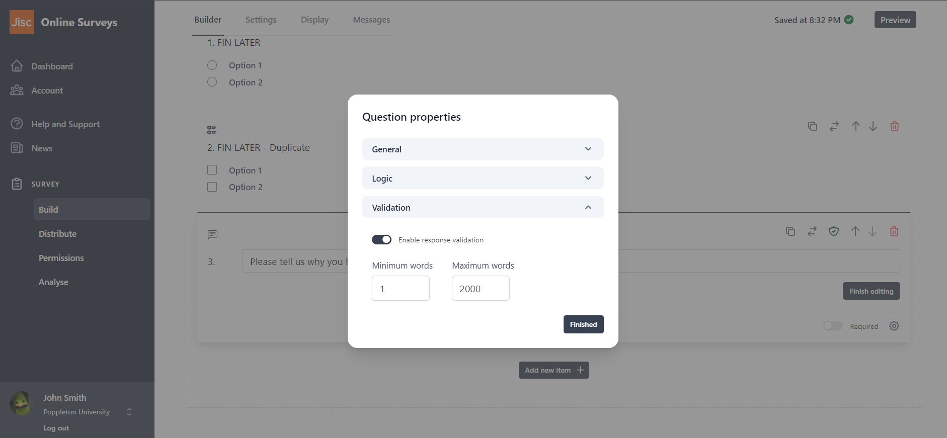 Question properties with word count validation settings displayed