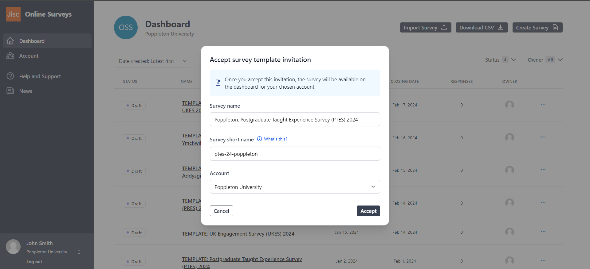 The Accept survey template modal with fields completed.