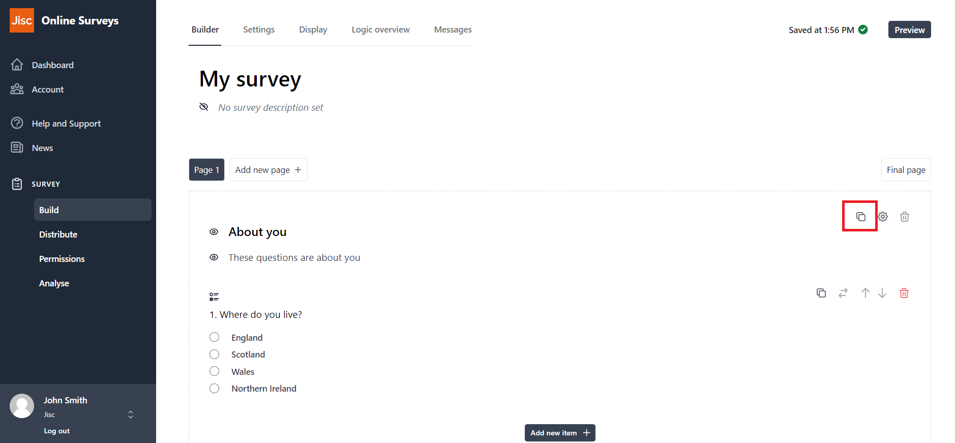 The Survey Builder page with the Duplicate page button highlighted.