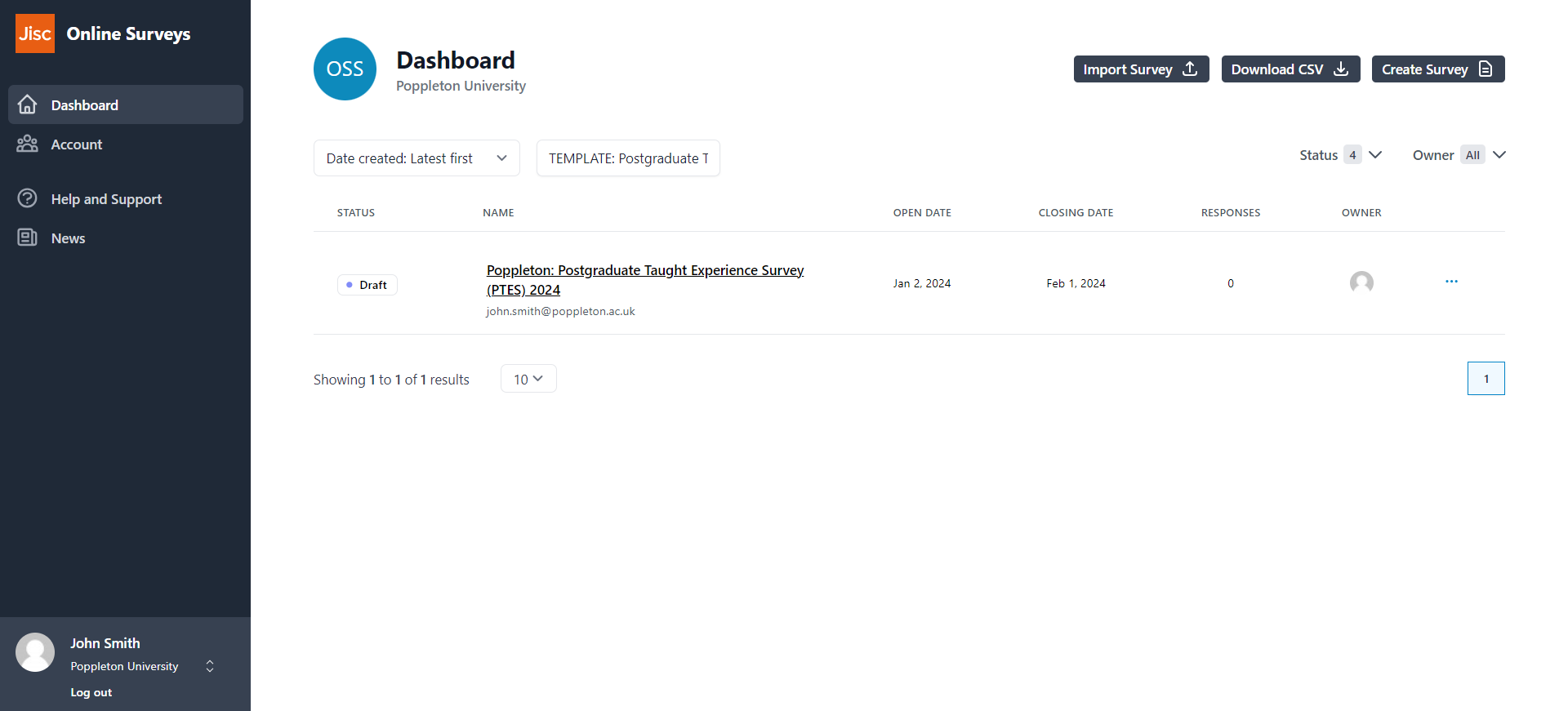 Dashboard showing a successfully accepted PTES template