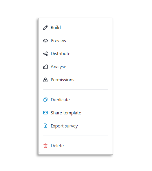 Survey actions menu.