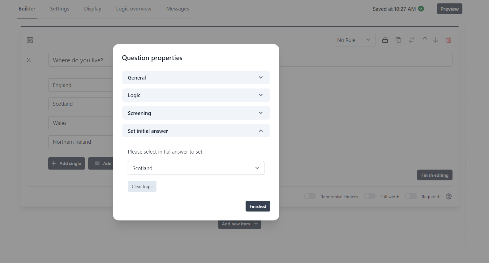 The Question Properties modal with the Set initial answer accordion expanded.