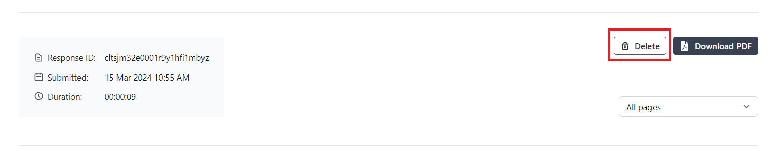 The Delete response button highlighted on an individual response.