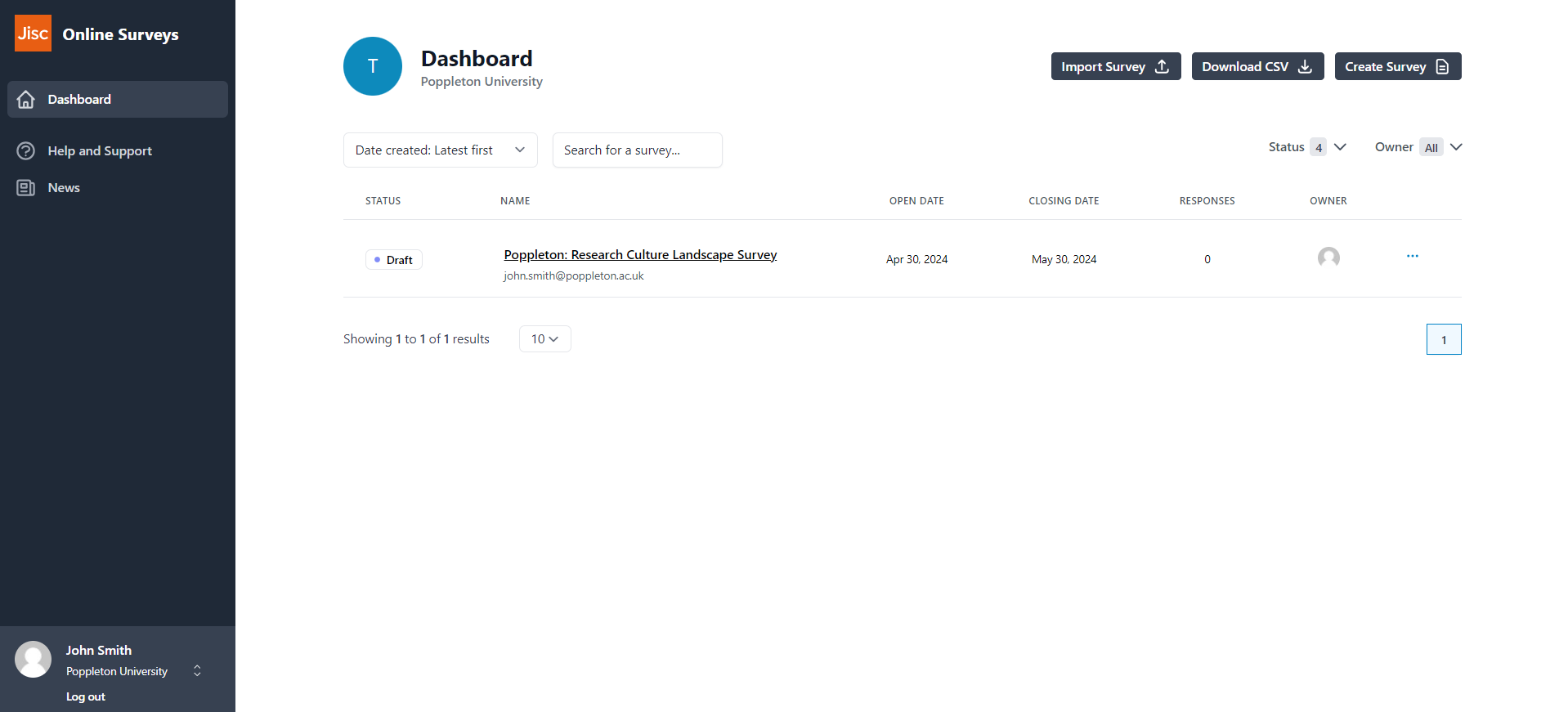 The Dashboard with the Research Culture Landscape Survey displayed in the survey list.