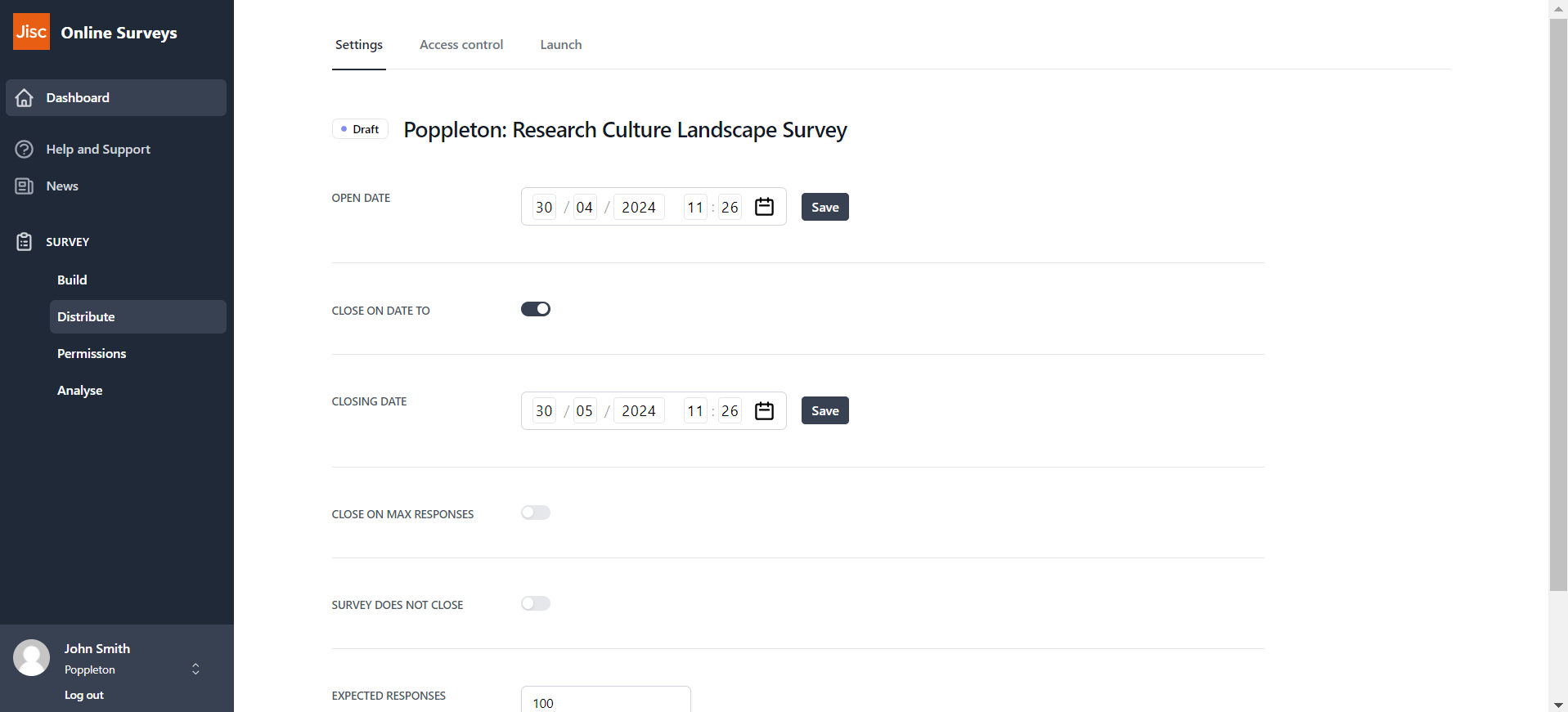 An example of the Distribution settings page.