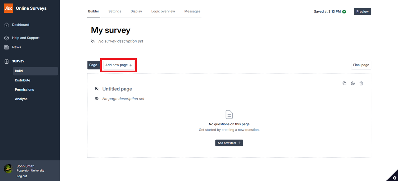 Survey builder with "Add new page" button highlighted.