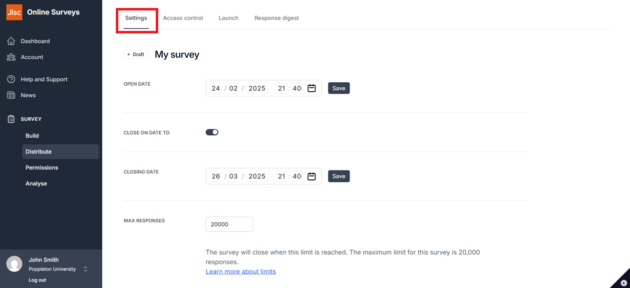 Example Distribution Settings page