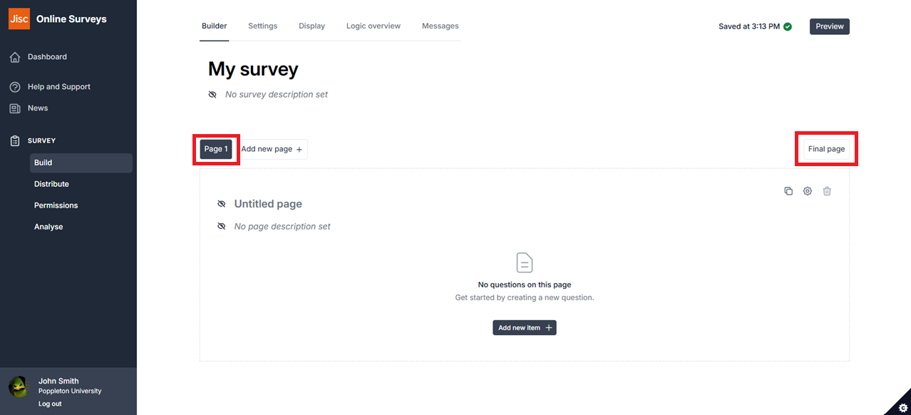 Survey builder with "Page 1" and "Final page" buttons highlighted.