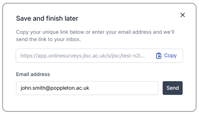 Finish Later modal with an email address entered.