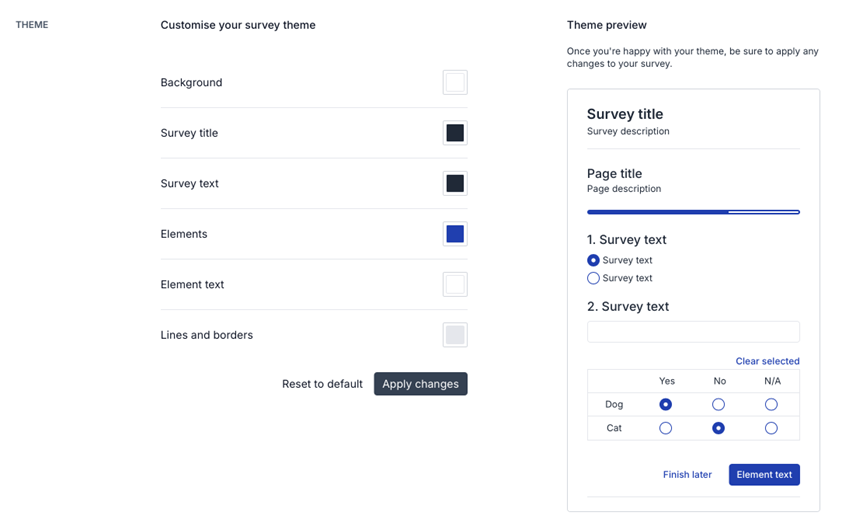 Customise how your survey looks with theme colours which match your organisations branding themes.