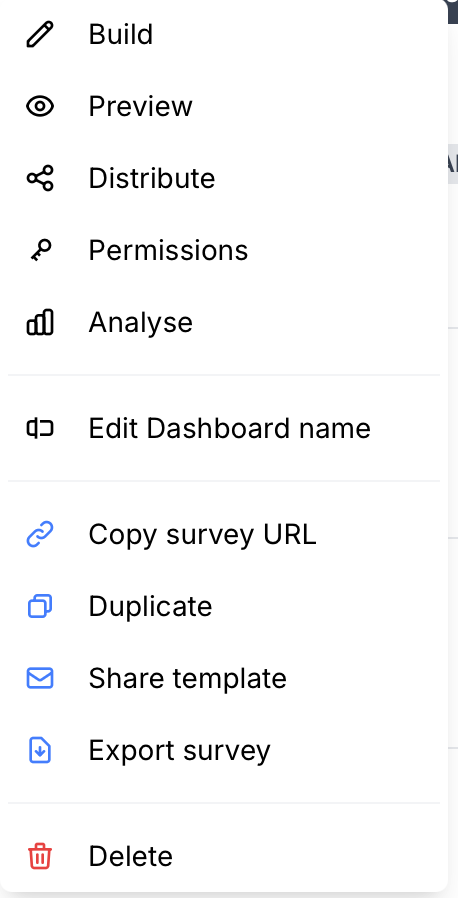 Survey actions menu is found by clicking on the three ellipses at the end of the survey description row