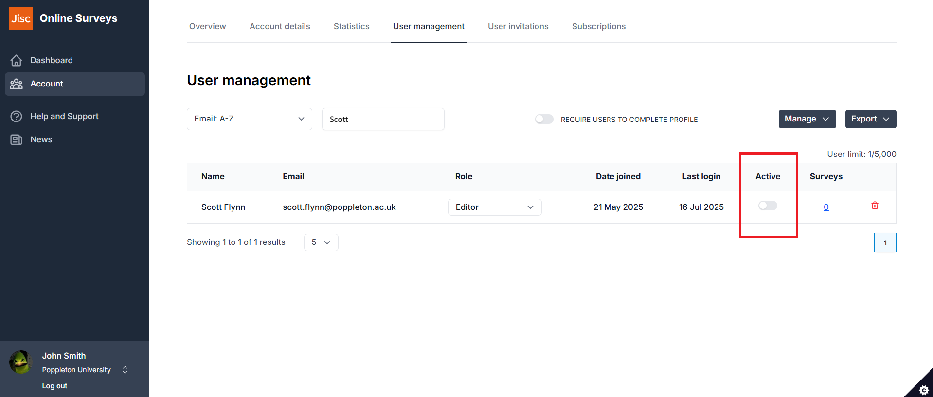The user management table with the Active toggle highlighted.