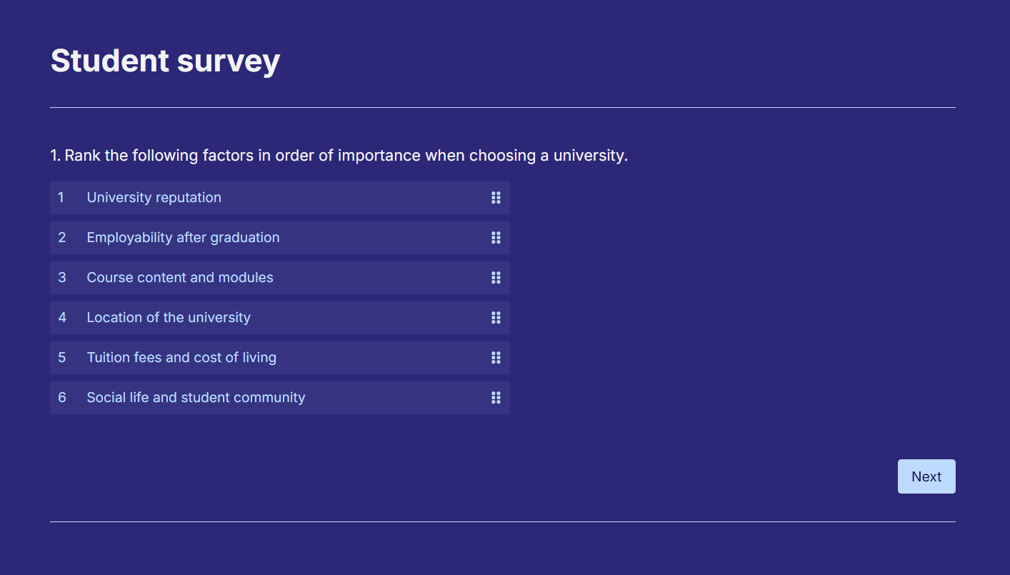 An example of a Ranking question