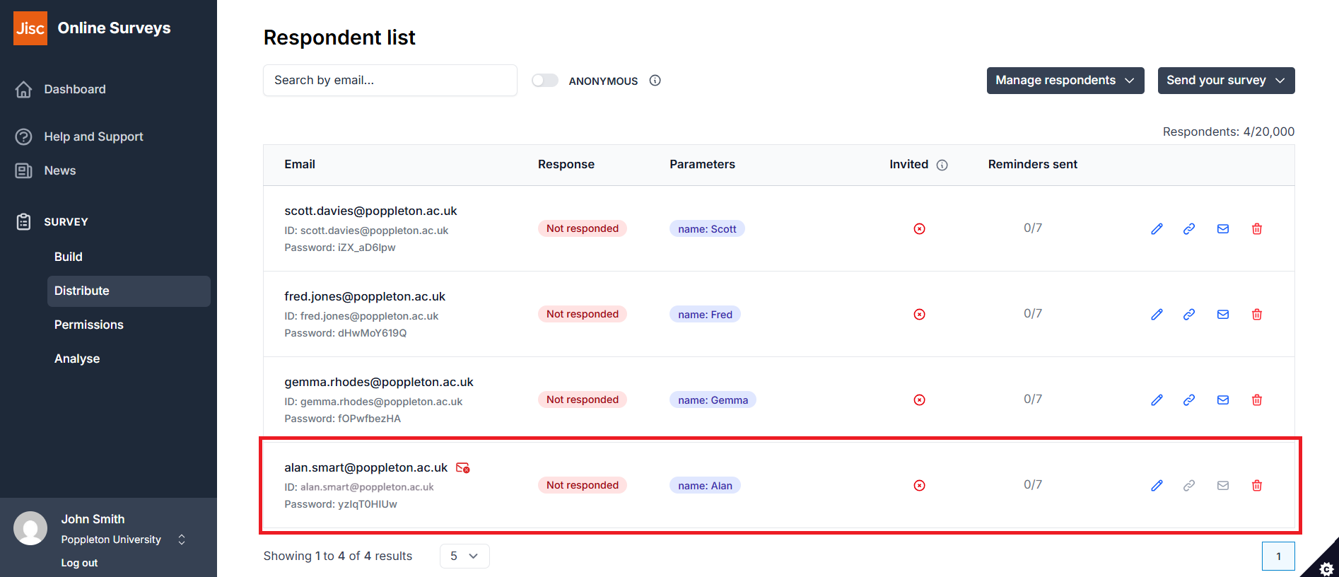 A respondent list with an unsubscribed respondent highlighted.
