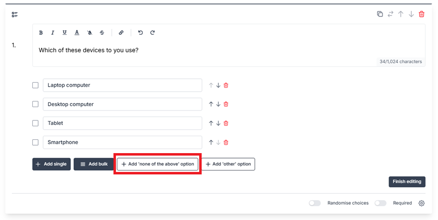 Example of a multi-choice question with the Add none of the above button highlighted.