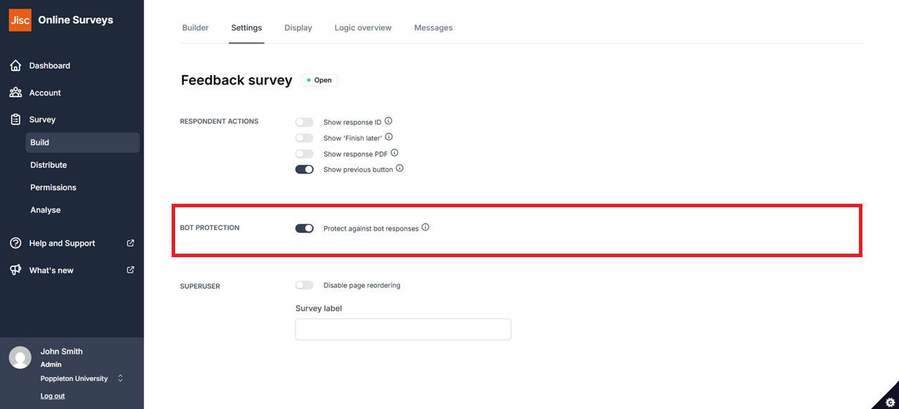 Bot protection toggle on the Survey settings page
