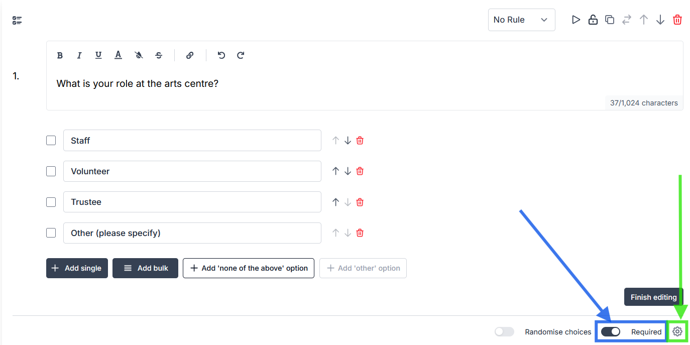 Online surveys question builder showing required toggle and settings cog