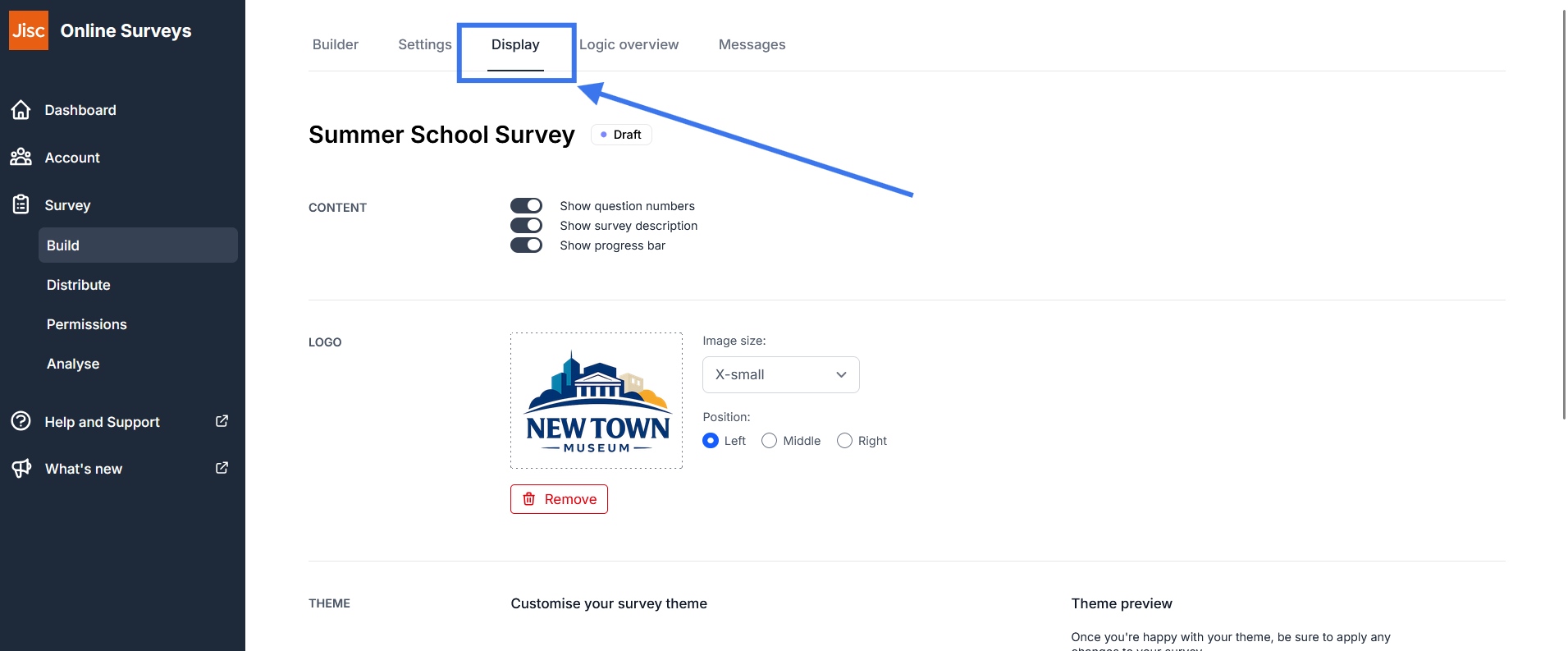 Online Surveys display settings
