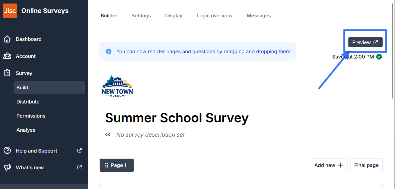 The preview button in the Online Surveys builder